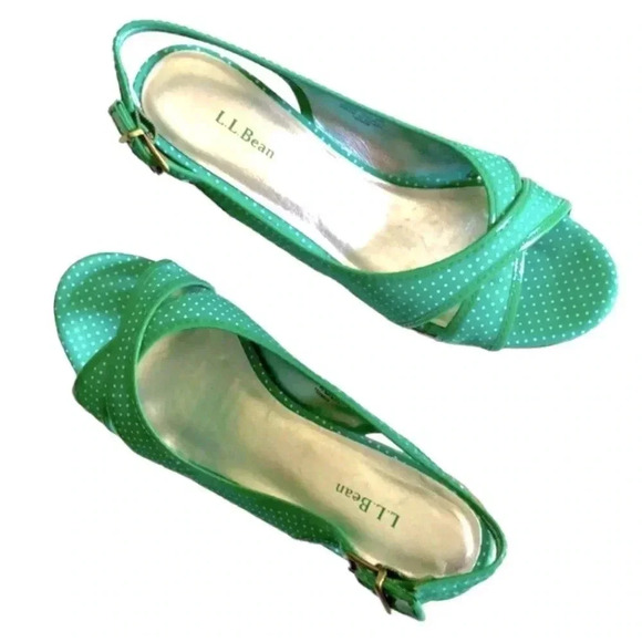 L.L. BEAN | Green Polka Dot Cork Wedge Heels Size 8 - Picture 3 of 7